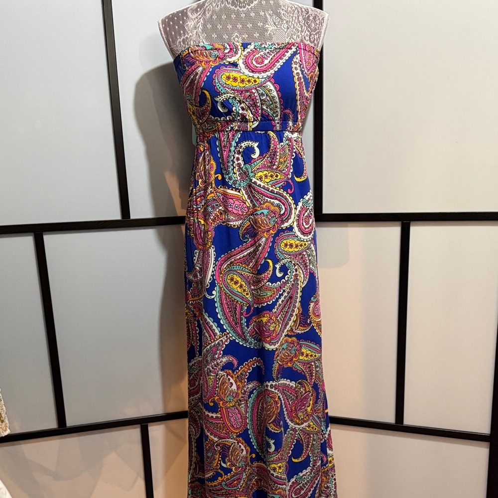Banana Republic Royal Blue Strapless Paisley Maxi Dress
